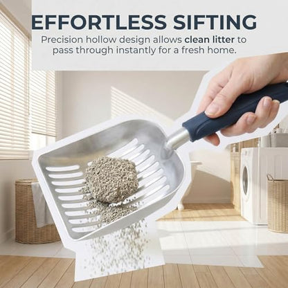 Cat Litter Scoop, Kitty Metal Scooper, Aluminum Alloy Sifter, Kitten Pooper Lifter, Deep Shovel, Long Handle, Poop Sifting, Durable, Heavy Duty, for Litter Box - color: Flat Aluminum-Blue Handle, size: Small