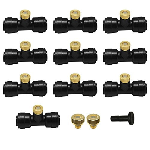 Yotako 1/4'' Slip-Lock Misting Nozzles Kit | 12Pcs Brass Misting Nozzles 10Pcs Water Misting Nozzle Tees Thread Misting Nozzle Tees with Plugs for Spray Cooling System