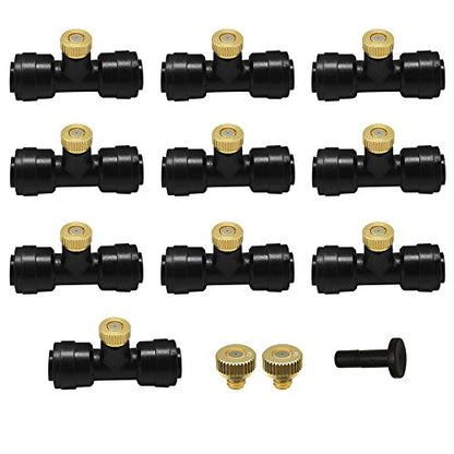 Yotako 1/4'' Slip-Lock Misting Nozzles Kit | 12Pcs Brass Misting Nozzles 10Pcs Water Misting Nozzle Tees Thread Misting Nozzle Tees with Plugs for Spray Cooling System