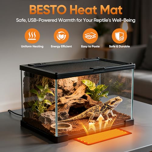 Besto 2 Pack Reptile Heat Pad, USB Powered Under Tank Terrarium Heating Mat (4"x7" 4W + 6"x8" 8W) Waterproof Reptile Heater for Turtle, Lizard, Hermit Crab, Frog, Snake, Small Mammals