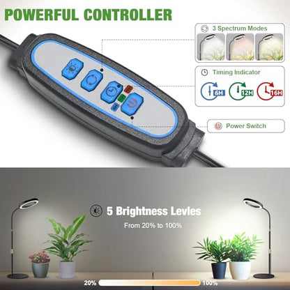 Grow Lights for Indoor Plants, 80 LEDs, Height Adjustable 16.5-25" | Full Spectrum, Auto Timer 6H/12H/16H, 5 Dimmable Levels, Flexible Gooseneck 6000K, Desk Plant Light with Base - size: 6.3''Head（Height 25'')
