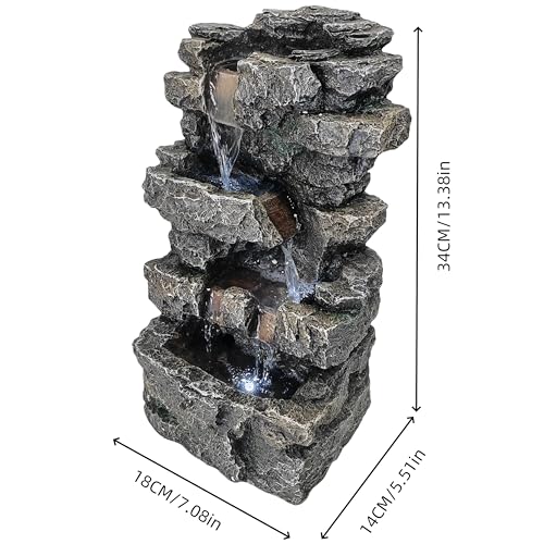 Tabletop Rock Waterfall Fountain, 4-Tier Stacked Stone, Resin, LED Lights, USB Powered, 7.08 x 5.5 x13.3Inches