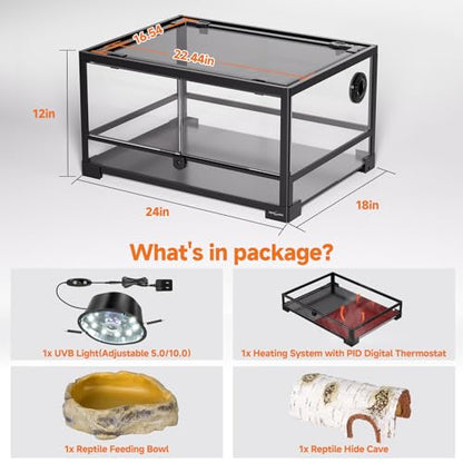 REPTIZOO 5-in-1 Reptile Terrarium Starter Kit, 20 Gallon Reptile Tank with Built-in Heating System PID Digital Thermostat & UVB Light (5.0&10.0 Adjustable) & Reptile Hide Cave & Feeding Dish - size: 5-in-1 Starter Kit