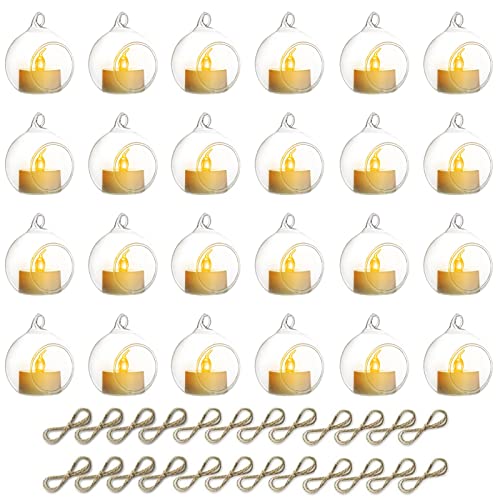 NUPTIO Hanging TeaLight Candle Holder: 24Pcs 2.36in Tree Tea Light Holders with LED Candles Small Glass Globes Ornament Clear Round Mini Terrarium Containers for Wedding Party Tree Decoration | Includes Flameless Votives, 2.36-Inch Clear Globes, Ready to