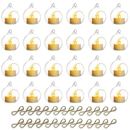 NUPTIO Hanging TeaLight Candle Holder: 24Pcs 2.36in Tree Tea Light Holders with LED Candles Small Glass Globes Ornament Clear Round Mini Terrarium Containers for Wedding Party Tree Decoration | Includes Flameless Votives, 2.36-Inch Clear Globes, Ready to