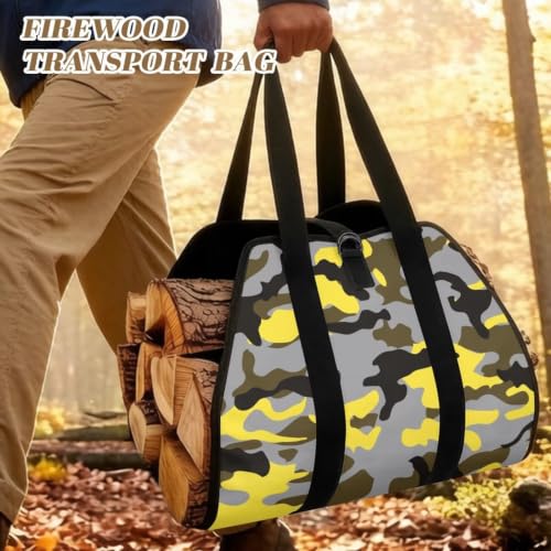 Street Camo Print Firewood Tote Log Carrying Bag | Wide Opening, Large Capacity, Water Resistant Material, Winter Gear for Fire Pits and Camping Journeys - color: Gray Yellow Modern Street Camo Print