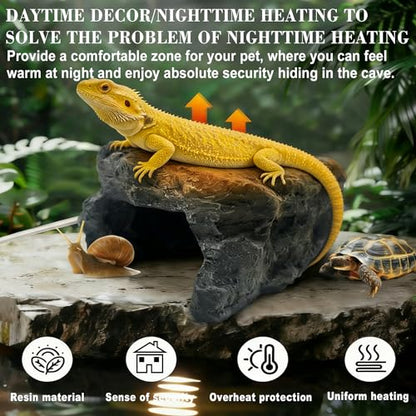 Heated Reptile Hide Cave - Rock Hideout with Adjustable Temperature, Thermostat Heating Rock for Bearded Dragons, Ball Pythons, Leopard Geckos & Small Animals - Snake Hide & Reptile Decor (Rock cave)