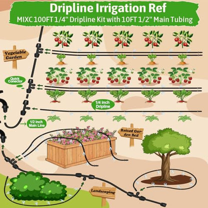 MIXC 1/4" Irrigation Dripline Tubing Kit (100 Ft) with 10Ft 1/2" Main Line | Saving 80% Water, 6" Emitter Spacing, Built-in 0.5GPH Drippers, 1/4" Push-to-Connect Fittings, for Raised Bed Garden Rows