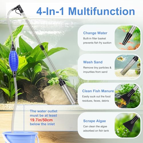 fishkeeper 4-in-1 Aquarium Siphon Gravel Cleaner, Quick & Strong Suction | Adjustable Water Flow and Length, Multifunction Fish Tank Vacuum Cleaning Kit for Water Changer, Sand Cleaner, Dirt Removal - size: Large