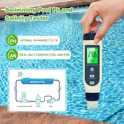 Pious PH Tester Digital, 5 in 1 PH Meter for Water/Salinity Meter/tds/ec/Thermometer, Pool Salt Tester with Constant Temperature Compensation, Suitable for Drinking Water Swimming Pools Aquariums