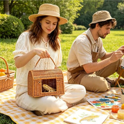 Reptile Carrier for Travel with Handle Sleeping House | All Season Washable Rattan Bird Carrier Travel Cage for Lizard Leopard Gecko Spider Tortoise Snake Bunny