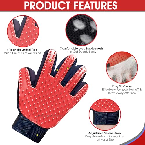 Upgrade Pet Grooming Gloves, Grooming Gloves for Dogs, Cats, Rabbits & Horses with Long and Short Hair, Efficient Pets Hair Remover Mittens - 1 Pair (Red) - color: Red