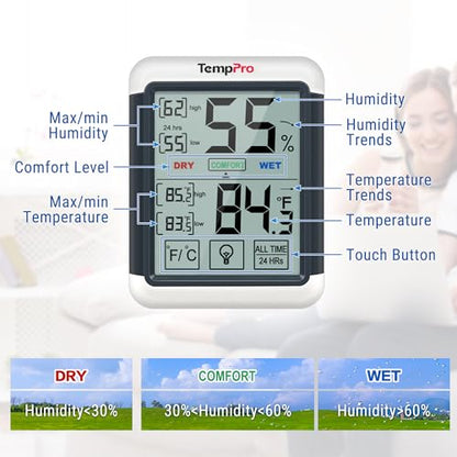 TempPro TempAir Digital Indoor Hygrometer Thermometer with Touchscreen | 4-Inch Temperature/Humidity Monitor with Backlit, Room Thermometer/Humidity Meter for House Home Greenhouse - size: Indoor
