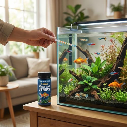 7-in-1 Aquarium Test Strips, 100 Count Fish Tank Water Test Kit for Freshwater, Saltwater & Ponds, Tests pH, Nitrate, Nitrite, Chlorine, GH Hardness and KH Carbonate