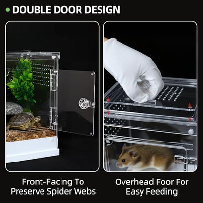 Jumping Spider Enclosure, Clear Acrylic Terrarium for Tarantula | 360° Full View Habitat w/ Dual Doors, Tri-Vents; High Transparent, Non-Yellowing Acrylic; Easy Clean; Full Breeding Kit