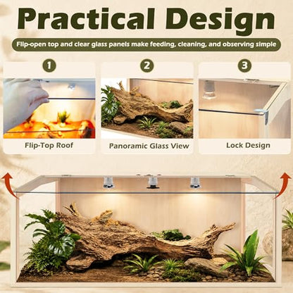Bearded Dragon Tank, Lizard Tank with Clear Tempered Glass, Anti-Scratch Reptile Enclosure, Reptile Tank Built-in Light Fixtures with Switch (48X20X20inch,80 Gallons) - color: Transparent Roof, size: 48X20X20inch,80 Gallons