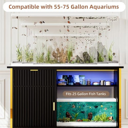 55-75 Gallon Fish Tank Stand, Aquarium Stand with LED Light, Black & Gold | 49 x 20 In Top, Modern Fluted Design, 2 Outlets, 2 USB Ports, Shelf Storage, Metal Frame Support, 1100 LBS, Turtle Tank Stand - color: Black and Gold