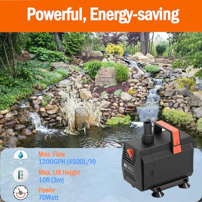 AquaMiracle 1200GPH Aquarium Water Pumps (4500L/H, 70W) Fountain Pump Pond Pump Submersible Water Pump with Flow Control for Fountain, Waterfall, Statuary, Filtration, Water feature, Hydroponics - size: 1200GPH