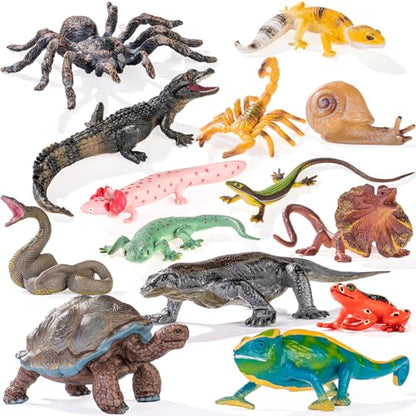 14PCS Reptile Animal Figurines Toys Desert Amphibians Sand Toys for Kids 3+ | with Axolotl,Lizard,Snake,Spider,Komodo Dragon,Alligator,Rainforest Cold Blooded Plastic Animals Figures Party Favors - style: 14PCS Reptile Animals-1