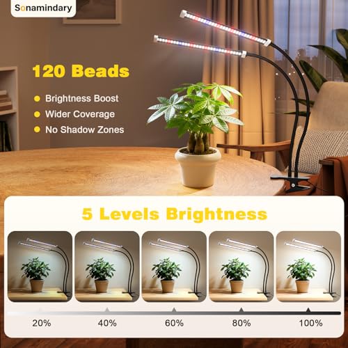 LED Grow Lights for Indoor Plants, Clip-On Clamp, Dual Head | 120 LEDs, Metal Arms with Silicone Sleeves, Upgraded 9V System, 5700K Full Spectrum, 4/8/12H Timer, 5 Brightness Levels - size: Clamp-2 Head