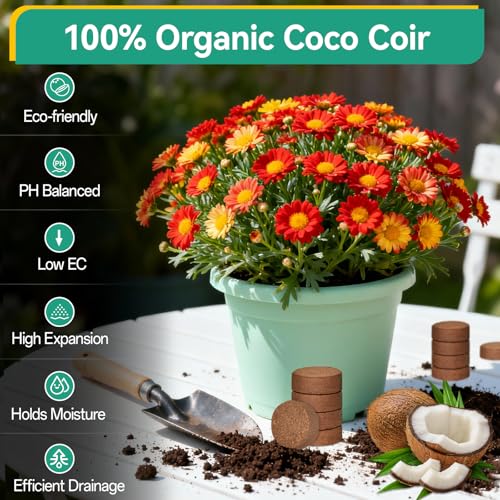 Coco Coir Pellets, 50 Pcs 40mm Seed Starter Soil Pods for Planting | Low EC & pH Balanced, Organic Coconut Coir Potting Soil for Indoor Outdoor Plants Herbs Houseplants Bonsai Vegetables Flowers - size: 40mm