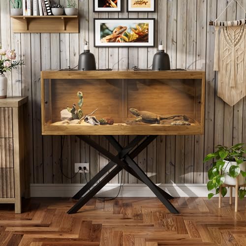 PAKASEPT 80 Gallons Bearded Dragon Tank with Leg Stand,Tempered Glass Reptile Enclosure with Metal Mesh Top,Snake/Lizard Tank for Chameleon,Tortoise,Hecko,Brown - size: 80 Gallons