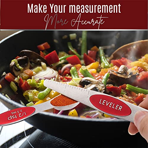 Magnetic Measuring Spoons Set of 9 Stainless Steel Dual-Sided Stackable Measuring Spoon Nesting Teaspoons Measuring Dry and Liquid Ingredients, Fits in Spice Jars Set of 9 (Red) - color: Red