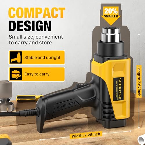 SEEKONE 1800W Compact Heat Gun 122℉-1202℉ Variable Temp for Crafting | Fast Heating 122℉-1202℉, 2-Speed Airflow, 20% Smaller Compact Design, Overheat Protection for Vinyl Wrap, Shrink Tubing