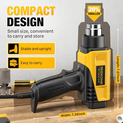 SEEKONE 1800W Compact Heat Gun 122℉-1202℉ Variable Temp for Crafting | Fast Heating 122℉-1202℉, 2-Speed Airflow, 20% Smaller Compact Design, Overheat Protection for Vinyl Wrap, Shrink Tubing