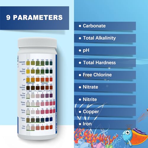 Aquarium Test Strips,100 Strips 9 in1 Saltwater and Freshwater Aquarium Test Kit for Aquarium,Pond and Fish tank,Testing Carbonate,Alkalinity,pH,Hardness,Free Chlorine,Nitrate,Nitrite,copper and Iron.