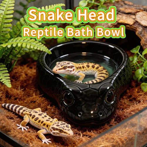 Reptile Water Dish, Ceramic Snake Water Bowl for Snake, Leopard Gecko, Bearded Dragon and Lizard, Reptile Bathing Pool Food Feeding Dish, Terrarium Tank Accessories (Black) - color: Black