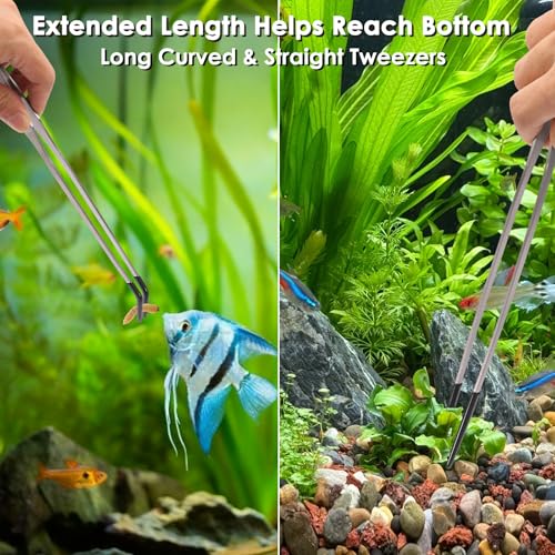 Reptile Feeding Tongs, Stainless Steel Long Tweezers Set, 4 Pack | 10.6" Straight & Curved Tweezers with Soft Rubber Tip, for Aquarium Terrarium, Crafts, Bearde Dragon Tank Accessories, Silver