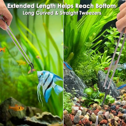 Reptile Feeding Tongs, Stainless Steel Long Tweezers Set, 4 Pack | 10.6" Straight & Curved Tweezers with Soft Rubber Tip, for Aquarium Terrarium, Crafts, Bearde Dragon Tank Accessories, Silver