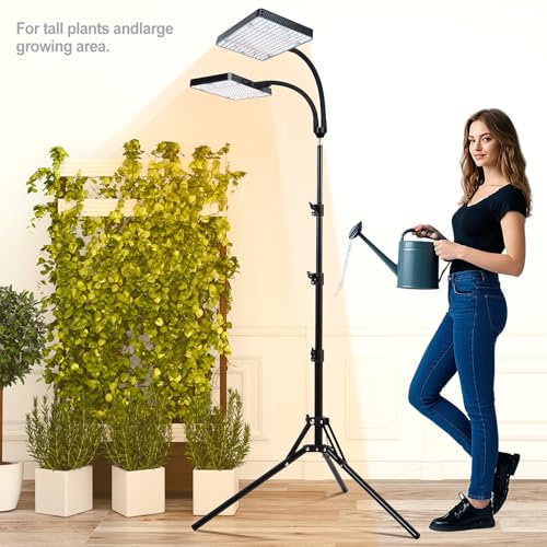 2Head Grow Light with Stand, 50 Watt Grow Lights for Indoor Plants, Natural Sunlight Full Spectrum Plant Growing Lamps for Tall Houseplants & Bonsai Tree, 4/8/12/16/20H 5-Mode Timer - size: 2Head Stand(50W)