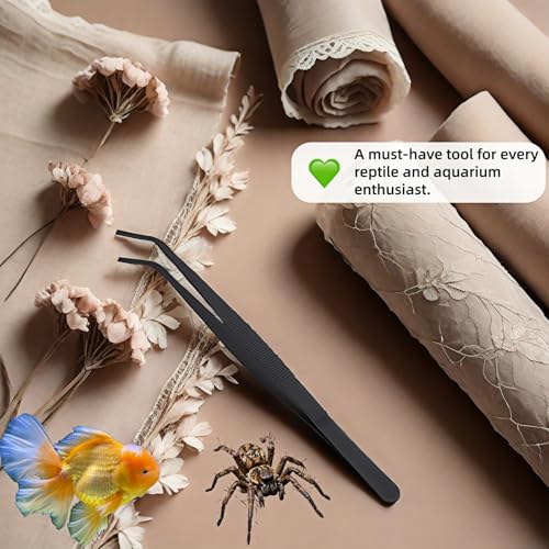 Professional Aquarium Tweezers, Black Carbonized Stainless Steel, Serrated Tip, Curved Design for Reptile Feeding, Tank Maintenance, Anti-Slip Reptile Feeding Tongs for Aquatic Plants, Lizards, Snakes