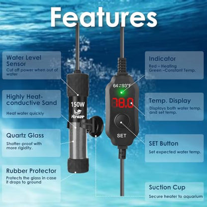 150W Compact Aquarium Heater for 15-30 Gallon Tanks | Super Short Submersible Fish Tank Heater with LED Digital Thermostat, Dry-Run & Overheat Protection, Memory Function - size: For Tanks 15-30 Gal