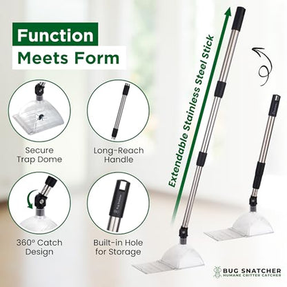 Bug Catcher Container & Extendable Stainless Steel Stick | See-Through Insect Trap for Spiders, Ants, Lizards | Humane Bug Catcher for Home | Educational Tool for Kids & Adults