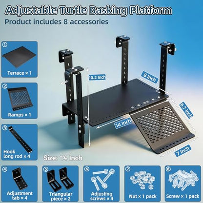 Adjustable Hanging Acrylic Turtle Basking Platform 14x8 for 0.3-2" Tanks | Black acrylic turtle dock with ramp fits 0.3"-2" thick aquarium rims. Acrylic basking platform for aquatic tanks. - size: 14'' x 8''
