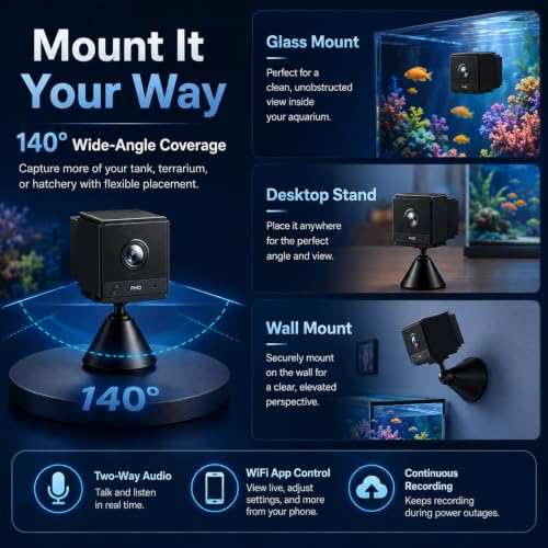 2K HD Aquarium Camera for Fish: Tank & Reptile Terrarium Camera with Battery and 32GB SD Card – Anti-Glare Glass Mount, Night Vision, Two-Way Audio, AI Motion Detection, Aquarium Accessory
