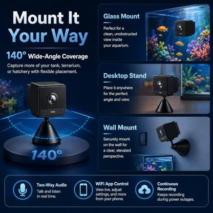 2K HD Aquarium Camera for Fish: Tank & Reptile Terrarium Camera with Battery and 32GB SD Card – Anti-Glare Glass Mount, Night Vision, Two-Way Audio, AI Motion Detection, Aquarium Accessory
