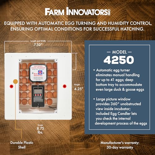 Farm Innovators 4250 Digital Circulated Air Incubator with Egg Turner | 4 dozen egg capacity; auto turner; integrated fan; digital display w/temperature, humidity, days to hatch; large window; 40W