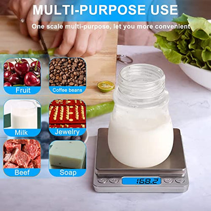 Small Digital Food Scale Ounce/OZ and Gram Scale, Kitchen Scale 3000g/0.1g High Precision for Baking, Soap Making, Jewelry, Includes 2 Trays and Batteries, 9 Units, Tare Function, Easy to Store - color: Silver