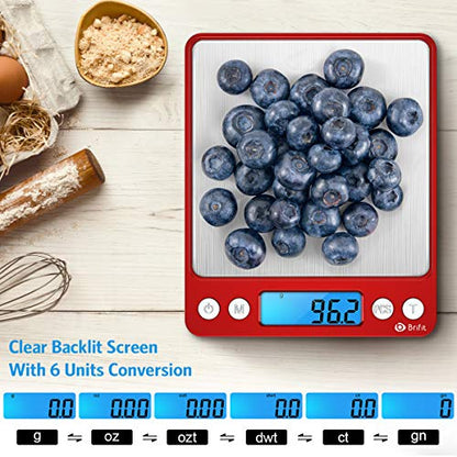 Digital Kitchen Scale, 3000g Pocket Cooking Scale with 0.1g Accuracy, Mini Food Scale, Pro Electronic Jewelry Scale with Back-Lit LCD Display, Tare & PCS Functions (Red, Batteries Included) - color: Red