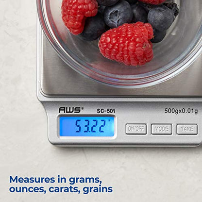 American Weigh Scales SC Series Precision Digital Kitchen Weight Scale, Food Measuring Scale, 2kg x 0.1g (Silver), AMW-SC-2KG (500g x 0.01g) - size: 500g x 0.01g
