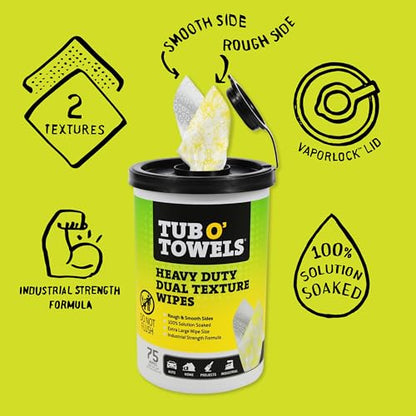 Tub O' Towels TW75 Heavy-Duty Multi-Surface Cleaning Wipes – Dual Texture 10" x 12" XL, 75 Count, Pack of 6 – Removes Grease, Tar, Oil, Paint, Ink & Tough Stains – Home, Garage, Auto & Workshop - size: 1 Count (Pack of 6)