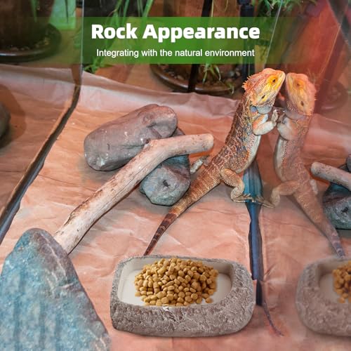 Reptile Feeding Dish, Water Dish and Food Bowl, Resin Rock Reptile Feeding Terrarium Corner Bowls for Bearded Dragon Lizard Frog Gecko Tortoise Hermit Crab Snail
