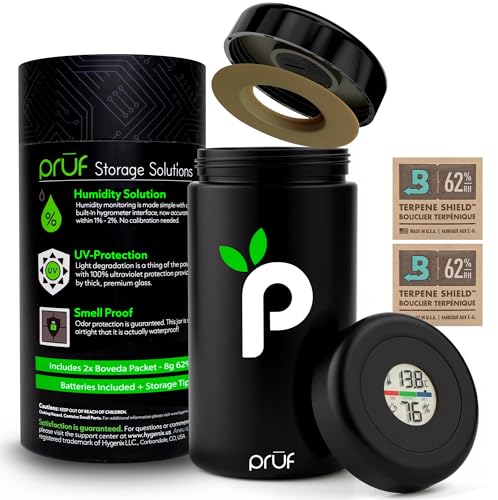 Prūf Jar with Built-In Humidity & Temperature Monitor (Hygrometer) – Airtight 500ml UV-Proof Glass Storage Jar with Silicone Seal – Humidity Control – Includes 2 Boveda 62% (8g) Packs – by Hygenix