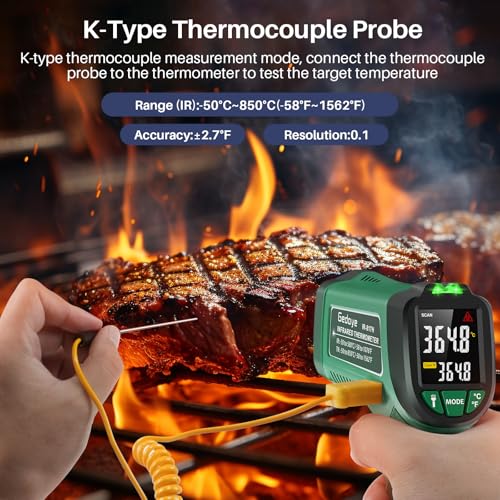 Infrared Thermometer for Cooking, Gedaye Surface Laser Temperature Gun with Laser Pointer 13:1, Metal Probe, Adjustable Emissivity, -58℉ to 1562℉, Thermal Thermometer Gun for Pizza Oven Engine HVAC - color: Green