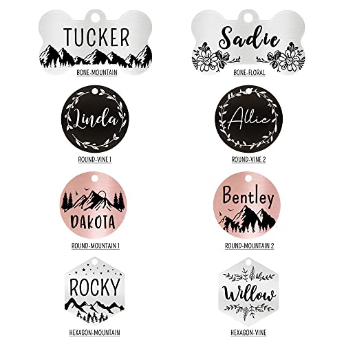 Stainless Steel Pet ID Customized Personalized, Front and Back Engraving, Hexagon Mountain Design, Rose Small - color: Rose-hexagon-mountain, size: Small