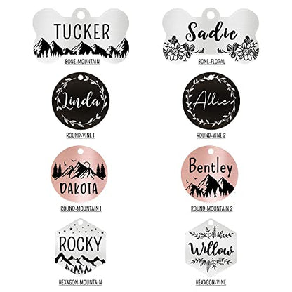 Stainless Steel Pet ID Customized Personalized, Front and Back Engraving, Hexagon Mountain Design, Rose Small - color: Rose-hexagon-mountain, size: Small